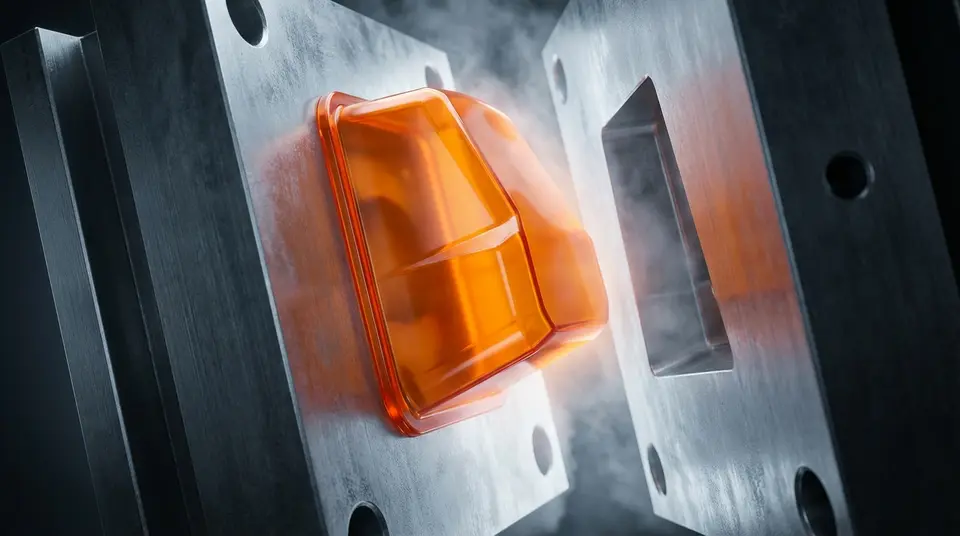 Abstrakte 3D-Darstellung einer Spritzgussform, die ein Bauteil entformt Abstrakte 3D-Darstellung einer Spritzgussform, die ein Bauteil entformt